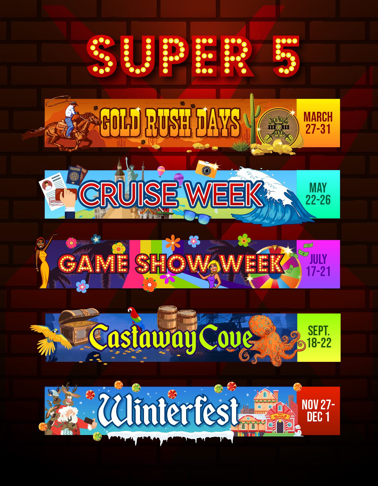 Colorful poster showcasing the exciting "Big 5" theme weeks at Glencroft senior living community, featuring engaging activities and memorable experiences for residents.